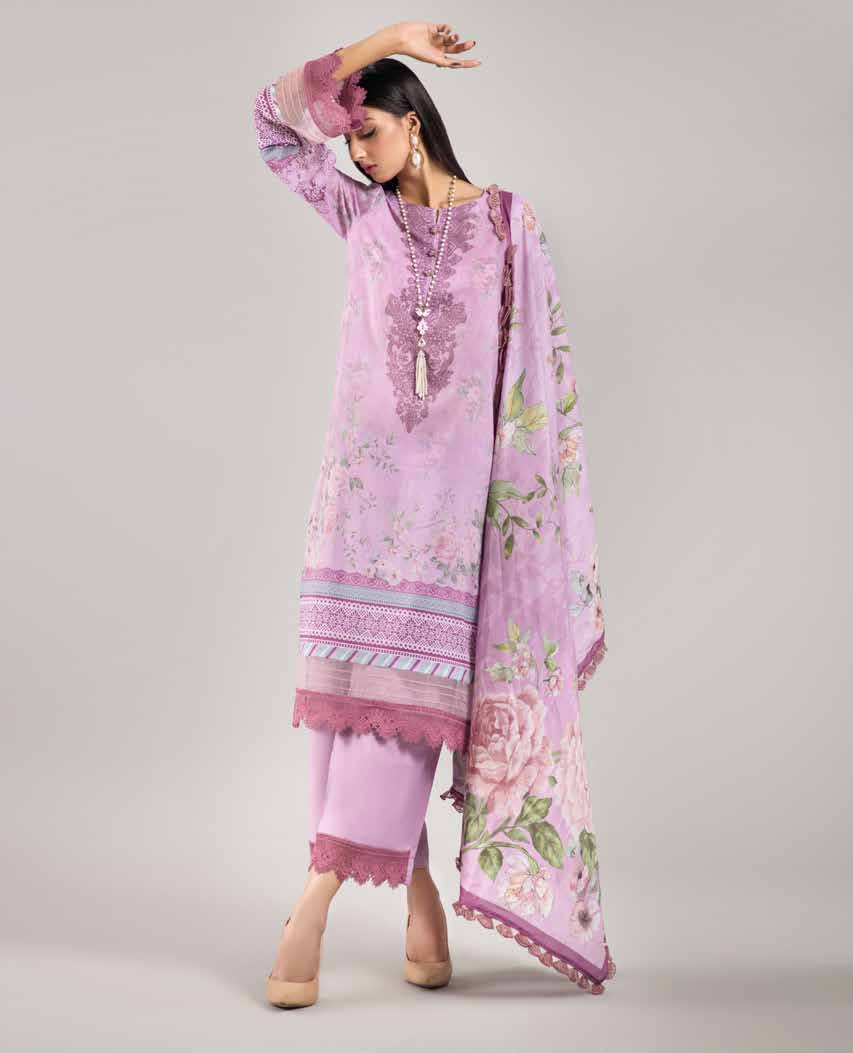 Unstitched Lawn Digital Suit: 3-Piece Set with Digital Printed Lawn Shirt, Voil Dupatta, and Dyed Cotton Trouser for Effortless Style